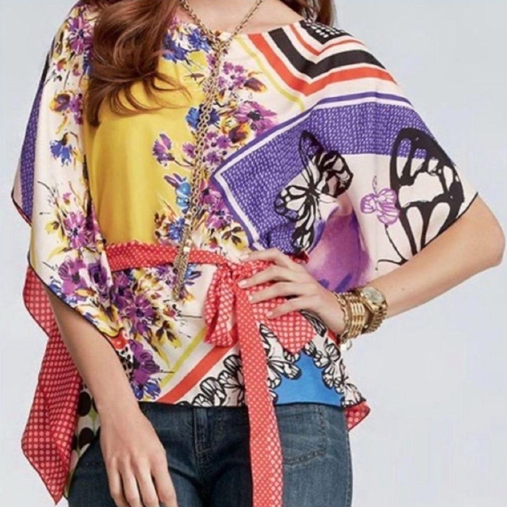 Cabi 345 Womens Artist Silk Butterfly Floral Tie Waist Kimono Shirt Size Medium